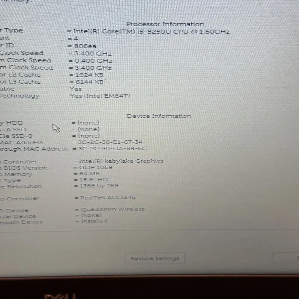 Dell Latitude 3590 i5-8250U 1.6GHz No RAM/No HDD Tested To Bios Cracked Case